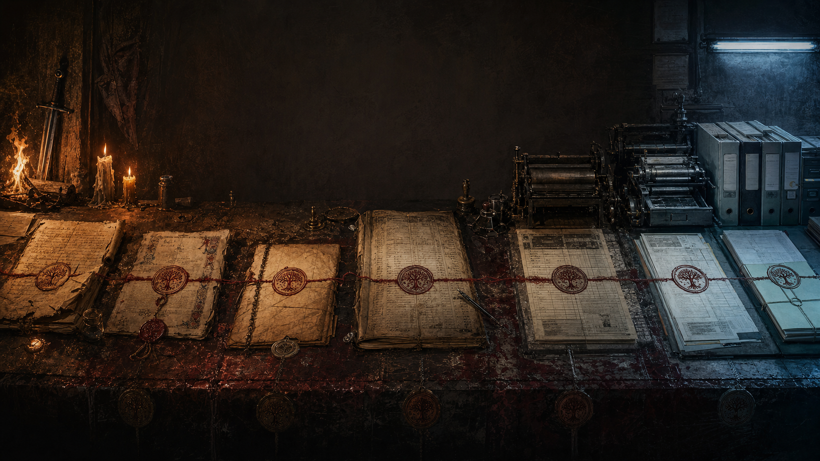 A row of dynasty ledgers aging from candle-lit oath to printed archive