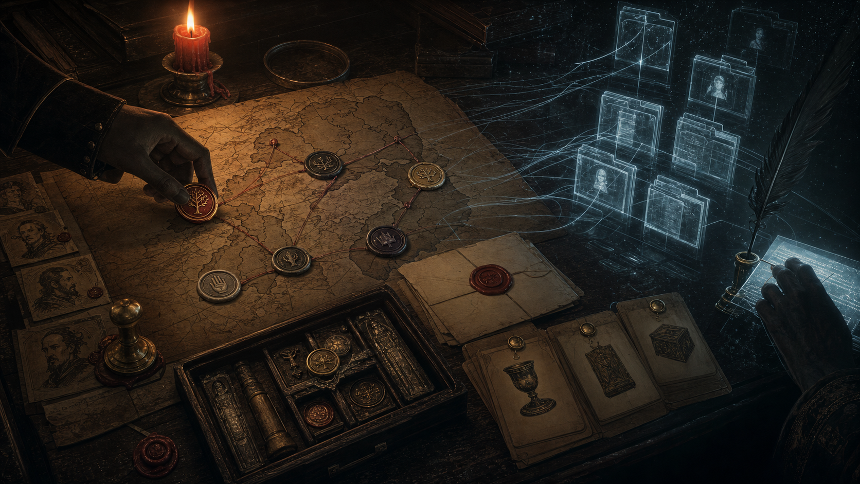 A hand laying faction seals across a map while ghostly lineages rise beside it